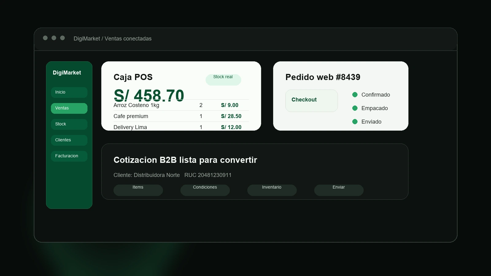 Pantallas de ventas, POS, ecommerce y cotizaciones conectadas en DigiMarket